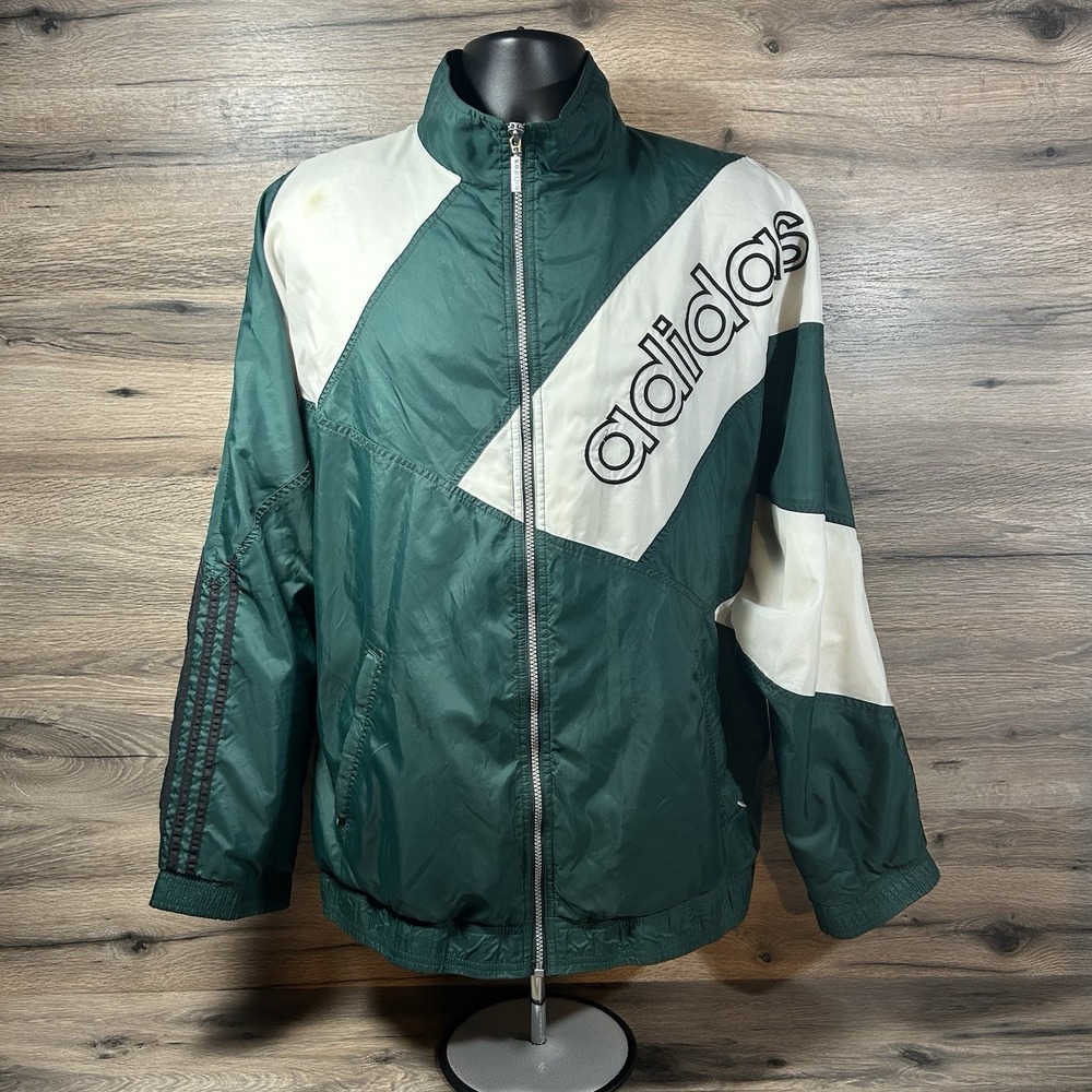 Vintage Adidas Windbreaker Jacket Size XL GREEN Colorblock stain‎ Right Shoulder